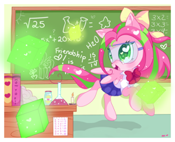 Size: 1050x850 | Tagged: safe, artist:ipun, derpibooru import, oc, oc only, oc:precious metal, chalkboard, classroom, clothes, goggles, school uniform, science, solo