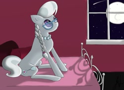 Size: 1000x728 | Tagged: safe, artist:kharmatika, silver spoon, earth pony, pony, bed, female, filly, moon, night, shooting star, solo, solo female