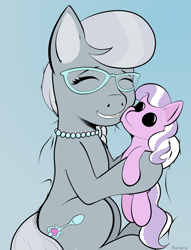 Size: 1628x2136 | Tagged: safe, artist:lord waite, artist:riscke, diamond tiara, silver spoon, earth pony, pony, adorabullies, bed, colored, cute, eyes closed, female, filly, glasses, missing accessory, necklace, pearl necklace, plushie, silverbetes, snuggling, solo, solo female