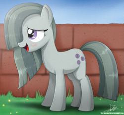 Size: 1871x1742 | Tagged: safe, artist:the-butch-x, marble pie, earth pony, pony, blushing, brick wall, cute, female, frown, grass, hair over one eye, marblebetes, mare, open mouth, solo