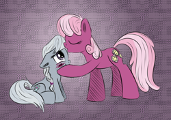 Size: 800x563 | Tagged: safe, artist:arcum42, artist:xioade, cheerilee, silver spoon, earth pony, pony, blushing, cheerispoon, colored, duo, duo female, female, filly, kissing, lesbian, mare, missing accessory, shipping