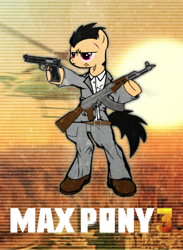 Size: 606x830 | Tagged: safe, artist:jarredspekter, derpibooru import, pony, ak, ak-47, akm, assault rifle, beretta, bipedal, clothes, crossover, gun, hoof hold, injured, male, max payne, max payne 3, pants, pistol, ponified, rifle, shoes, solo, stallion, suit, sun, weapon