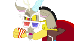 Size: 1024x571 | Tagged: safe, artist:kressio, derpibooru import, discord, season 4, 3d glasses, popcorn, simple background, solo, transparent background, vector