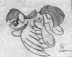 Size: 2952x2334 | Tagged: safe, artist:drawponies, derpibooru import, wild fire, floppy ears, flying, plot, solo, traditional art, underhoof