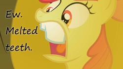 Size: 640x360 | Tagged: safe, derpibooru import, edit, edited screencap, screencap, apple bloom, the cutie pox, caption, insane pony thread, mouth, reflection, solo, teeth, text, tongue out