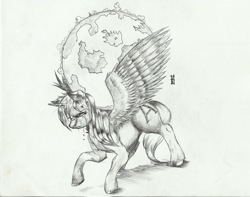 Size: 1280x1009 | Tagged: dead source, safe, artist:derp-my-life, derpibooru import, oc, oc only, alicorn, pony, alicorn oc, atlas, crying, globe, goddess, monochrome, ponified, scrunchy face, solo, surreal, titan, traditional art