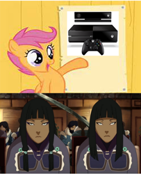 Size: 438x540 | Tagged: safe, derpibooru import, scootaloo, desna, eska, meme, obligatory pony, the legend of korra, xbox one