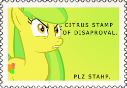 Size: 1917x1344 | Tagged: safe, artist:phoenixlightning, derpibooru import, oc, oc only, oc:citrus, earth pony, pony, deviantart stamp, reaction image, solo, stahp, stamp