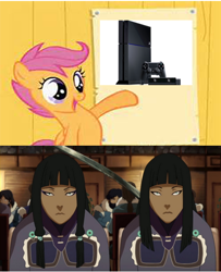 Size: 438x540 | Tagged: safe, derpibooru import, scootaloo, desna, eska, meme, obligatory pony, playstation 4, the legend of korra