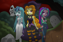 Size: 2416x1600 | Tagged: safe, artist:discorded-joker, adagio dazzle, aria blaze, sonata dusk, ghost, zombie, equestria girls, alternate hairstyle, belly button, black underwear, bra, clothes, costume, cross, dress, eyes closed, female, ghost costume, halloween, halloween costume, open mouth, panties, pink underwear, see-through, sleeveless, spooky, spooky's house of jump scares, tanktop, the dazzlings, torn clothes, underwear, witch