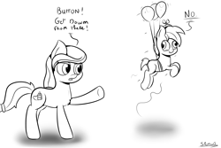 Size: 3000x2000 | Tagged: safe, artist:spenws, derpibooru import, button mash, oc, oc:cream heart, balloon, balloon fight, button's adventures, derp, first world anarchist, flying, monochrome, parenting, rebel