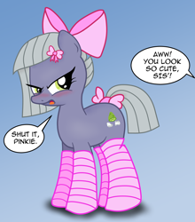 Size: 2200x2500 | Tagged: safe, artist:an-tonio, artist:lord waite, limestone pie, earth pony, pony, angry, blushing, bow, clothes, colored, cute, dialogue, embarrassed, female, hair bow, implied pinkie pie, limabetes, limetsun pie, mare, open mouth, ribbon, socks, solo, striped socks, tail bow, tsundere