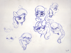 Size: 1200x900 | Tagged: safe, artist:kp-shadowsquirrel, diamond tiara, silver spoon, earth pony, pony, adorabullies, ballpoint pen, cute, duo, duo female, female, filly, glasses, monochrome, pouting, sketch, tongue out, traditional art