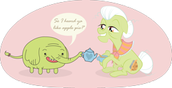 Size: 3000x1538 | Tagged: safe, artist:ivyhaze, derpibooru import, granny smith, adventure time, crossover, drink, speech bubble, tea, teacup, teapot, tree trunks