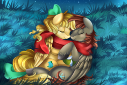 Size: 2975x2015 | Tagged: safe, artist:pridark, oc, oc only, oc:kirarasprings, oc:winterlight, pegasus, pony, clothes, couple, cuddling, cute, digital art, female, love, male, scarf, shared clothing, shared scarf, shipping, sleeping, snuggling, straight, unshorn fetlocks