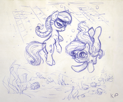 Size: 1200x1000 | Tagged: safe, artist:kp-shadowsquirrel, diamond tiara, silver spoon, earth pony, pony, ballpoint pen, duo, duo female, female, filly, goggles, monochrome, sketch, swimming, swimming goggles, traditional art, underwater