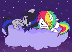 Size: 1119x804 | Tagged: safe, artist:ponymonster, derpibooru import, starshine, oc, oc:darkly cute, pegasus, pony, unicorn, g1, blushing, cloud, sleeping