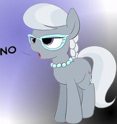 Size: 785x832 | Tagged: safe, artist:arcum42, artist:mcsadat, silver spoon, earth pony, pony, accessory, colored, dialogue, female, filly, glasses, necklace, no, open mouth, pearl necklace, reaction image, solo, solo female, text