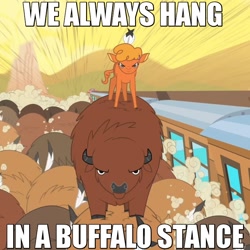 Size: 720x720 | Tagged: safe, derpibooru import, edit, edited screencap, screencap, little strongheart, buffalo, over a barrel, buffalo stance, caption, cropped, duo focus, female, herd, image macro, lyrics, neneh cherry, running, song reference, standing on back, train