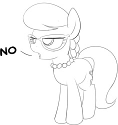 Size: 785x832 | Tagged: safe, artist:mcsadat, silver spoon, earth pony, pony, dialogue, female, filly, glasses, lineart, monochrome, no, pearl necklace, solo, solo female, text