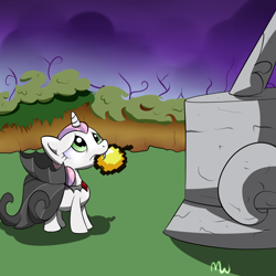 Size: 3000x3000 | Tagged: safe, artist:malwinters, derpibooru import, sweetie belle, vampire, cape, clothes, costume, crossover, fangs, frown, golden apple, looking up, minecraft, mouth hold, nightmare night, offering, scared, solo, statue