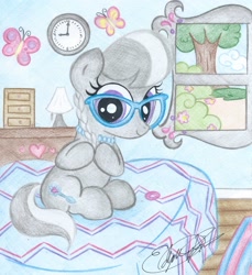 Size: 2304x2512 | Tagged: safe, artist:jackie00liza, silver spoon, butterfly, earth pony, pony, bed, bedroom, braid, clock, cute, female, filly, flower, furniture, glasses, happy, heart, lamp, rug, silverbetes, sitting, smiling, solo, solo female, traditional art, tree, window