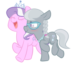 Size: 500x438 | Tagged: safe, artist:sorckylo, diamond tiara, silver spoon, earth pony, pony, blushing, duo, duo female, eyes closed, female, filly, floppy ears, lesbian, lidded eyes, open mouth, raised hoof, raised leg, running, shipping, silvertiara, simple background, smiling, underhoof, white background