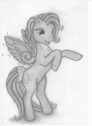 Size: 1275x1754 | Tagged: safe, derpibooru import, starsong, pegasus, pony, g3, bow, rearing, solo, traditional art