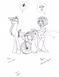 Size: 2346x3036 | Tagged: safe, artist:falena-ananke, derpibooru import, oc, oc only, oc:furfoot, oc:speedy, clothes, disabled, monochrome, scarf, traditional art, unshorn fetlocks