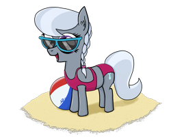 Size: 1267x1022 | Tagged: safe, artist:sgtgarand, silver spoon, earth pony, pony, beach, beach ball, clothes, female, filly, sand, solo, solo female, sunglasses, swimsuit, transparent background