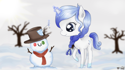 Size: 1920x1080 | Tagged: safe, artist:neko951, derpibooru import, oc, oc only, oc:stellar crystal, clothes, hat, magic, needle, scarf, snow, snowman, solo, thread