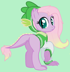 Size: 356x370 | Tagged: safe, artist:unoriginai, derpibooru import, oc, oc only, dracony, hybrid, clothes, interspecies offspring, jacket, letterman jacket, offspring, parent:fluttershy, parent:spike, parents:flutterspike, simple background, solo