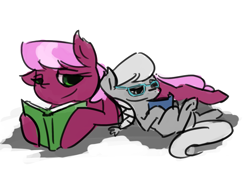 Size: 947x700 | Tagged: safe, cheerilee, silver spoon, earth pony, pony, book, cheerispoon, duo, duo female, female, filly, glasses, lesbian, mare, reading, shipping