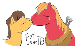 Size: 881x541 | Tagged: artist needed, safe, derpibooru import, big macintosh, caramel, earth pony, pony, caramac, gay, kissing, male, shipping, stallion