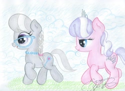 Size: 3456x2512 | Tagged: safe, artist:jackie00liza, diamond tiara, silver spoon, earth pony, pony, accessory, adorabullies, cloud, cloudy, cute, duo, duo female, filly, glasses, open mouth, pearl necklace, playing, running, tiara, traditional art