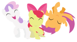 Size: 900x495 | Tagged: safe, artist:ironfruit, derpibooru import, apple bloom, scootaloo, sweetie belle, earth pony, pegasus, pony, unicorn, blank flank, cutie mark crusaders, dancing, eyes closed, female, filly, foal, hooves, horn, lineless, minimalist, trio, wings