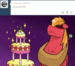 Size: 623x543 | Tagged: safe, artist:redhotkick, derpibooru import, big macintosh, earth pony, pony, ask big red macintosh, cake, male, stallion, tumblr