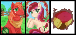 Size: 836x389 | Tagged: safe, artist:aiko-mustang, derpibooru import, edit, big macintosh, roseluck, earth pony, pony, fence, gutsman's ass, male, stallion, traditional art