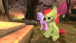 Size: 1366x768 | Tagged: safe, artist:migueruchan, derpibooru import, apple bloom, diamond tiara, 3d, gmod, grave, sad