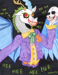 Size: 1024x1324 | Tagged: safe, artist:the1king, derpibooru import, discord, batman, crossover, jokercord, skull, the joker