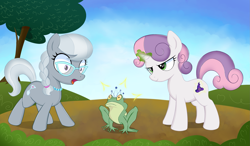 Size: 2449x1428 | Tagged: safe, artist:kas92, diamond tiara, silver spoon, sweetie belle, earth pony, frog, pony, unicorn, cutie mark, female, glasses, hat, magic, pearl necklace, species swap, tiara, transformation, witch hat