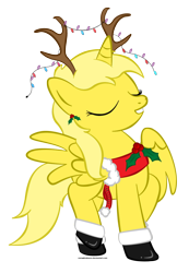 Size: 928x1339 | Tagged: safe, artist:zomgitsalaura, derpibooru import, oc, oc only, oc:ticket, alicorn, pony, alicorn oc, antlers, christmas, christmas lights, simple background, solo, transparent background