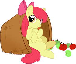 Size: 1280x1092 | Tagged: safe, artist:trunksi, derpibooru import, apple bloom, earth pony, pony, :p, apple, basket, blank flank, eye clipping through hair, female, filly, food, sitting, solo, tongue out