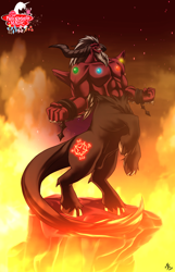 Size: 1030x1600 | Tagged: safe, artist:mauroz, lord tirek, demon, seal, cloven hooves, fire, manacles, my little pony logo, pentagram, rearing, solo