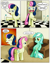 Size: 1500x1907 | Tagged: dead source, safe, artist:dcencia, derpibooru import, bon bon, lyra heartstrings, sweetie drops, bon bon is not amused, i didn't put those in my bag, lyra is not amused, parody, sitting, sitting lyra, the room, tommy wiseau