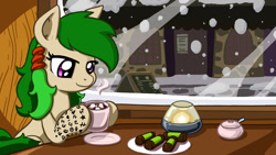 Size: 1191x670 | Tagged: safe, artist:latecustomer, derpibooru import, oc, oc only, oc:öde, earth pony, pony, cafe, chocolate, pastry, punsch roll, rune text, solo, tattoo, winter