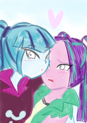 Size: 2480x3507 | Tagged: safe, artist:amazingpuffhair, aria blaze, sonata dusk, equestria girls, arisona, blushing, female, heart, lesbian, selfie, shipping, sweatdrop