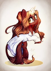 Size: 1282x1766 | Tagged: safe, artist:locksto, derpibooru import, oc, oc only, oc:wormhole, classical unicorn, pony, unicorn, clothes, female, glasses, lab coat, leonine tail, magic, mare, ponytail, solo, unshorn fetlocks