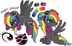 Size: 2350x1514 | Tagged: safe, artist:ivyhaze, derpibooru import, oc, oc only, pegasus, pony, clothes, female, flying, goggles, leg warmers, lollipop, mare, onyx gust, rainbow hair, scarf, solo