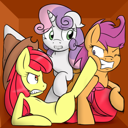 Size: 1024x1024 | Tagged: safe, artist:tails-doll-lover, derpibooru import, apple bloom, scootaloo, sweetie belle, angry, box, crowded, cutie mark crusaders, floppy ears, gritted teeth, kicking, older, older apple bloom, older cmc, older scootaloo, older sweetie belle, on back, teenage crusaders answers, teenager, wide eyes, wink